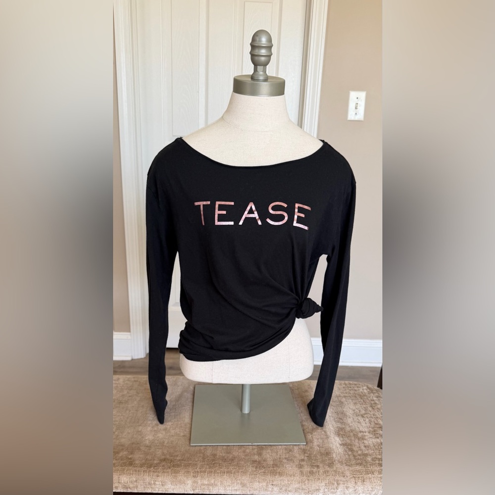 Victoria's Secret Black Long-Sleeve Top with Rose Gold metallic “Tease” graphic